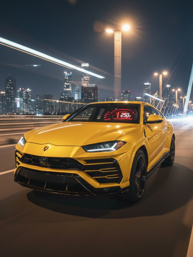 A highly realistic, cinematic news-style poster showing a luxury Lamborghini Urus racing at extreme speed on Mumbai’s Bandra-Worli Sea Link at night, speedometer glowing near 250+ kmph, dramatic motion blur, intense lighting, Mumbai skyline in the background, police siren lights faintly visible behind the car, suspenseful atmosphere, high contrast colors, ultra-detailed, photorealistic, vertical poster format, emotional tension, shocking moment, designed to trigger curiosity and urgency, professional journalism poster style, no text, no watermark, 8K quality. image size 1024*1526