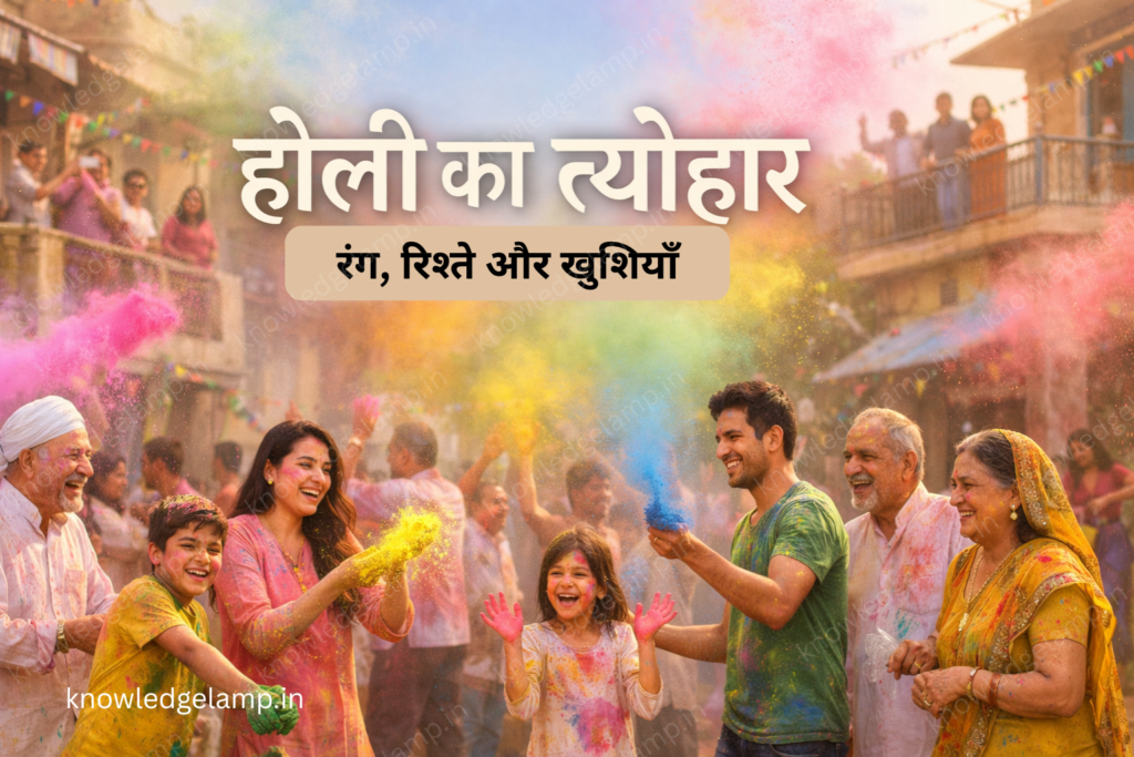 A group of people celebrate Holi outdoors, smiling and throwing colored powder; Hindi text reads "Holi ka tyohar: Rang, Rishte aur Khushiyan.