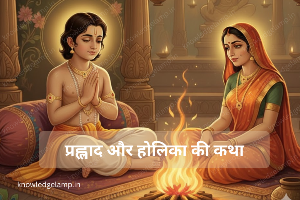 Illustration of a young boy and a woman in traditional Indian attire sitting by a fire, with the Hindi text "प्रह्लाद और होलिका की कथा" displayed.