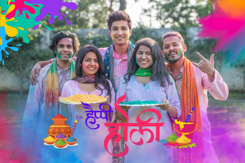 A group of five smiling people celebrate Holi, wearing colorful scarves. They hold plates of vibrant powders, surrounded by colorful splashes and decorations.