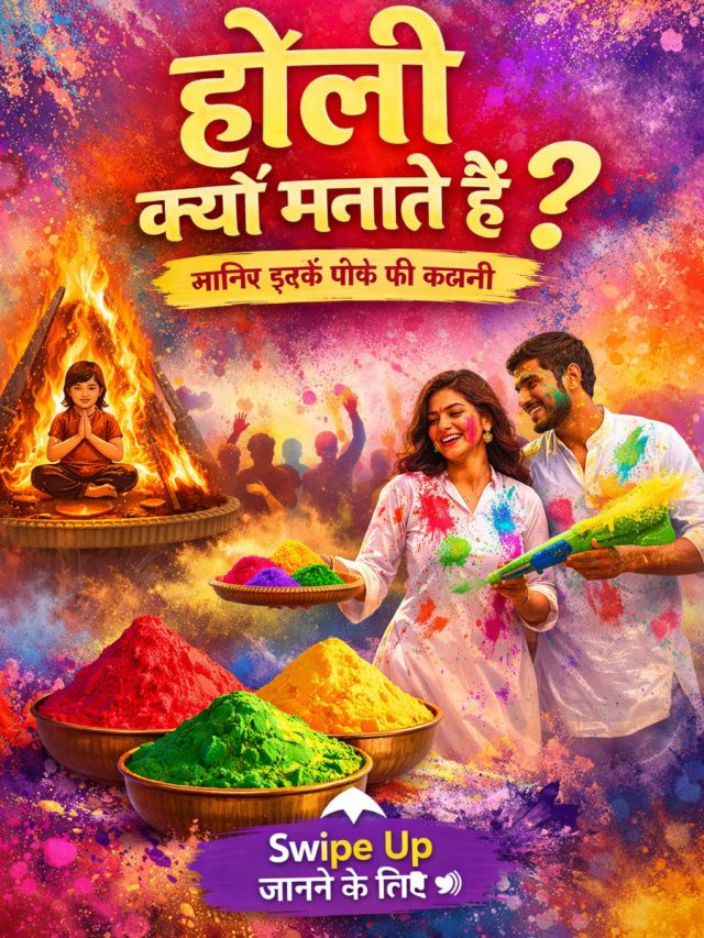 होली क्यों मनाते हैं पोस्टर – रंगों का त्योहार, होलिका दहन और होली उत्सव का दृश्य